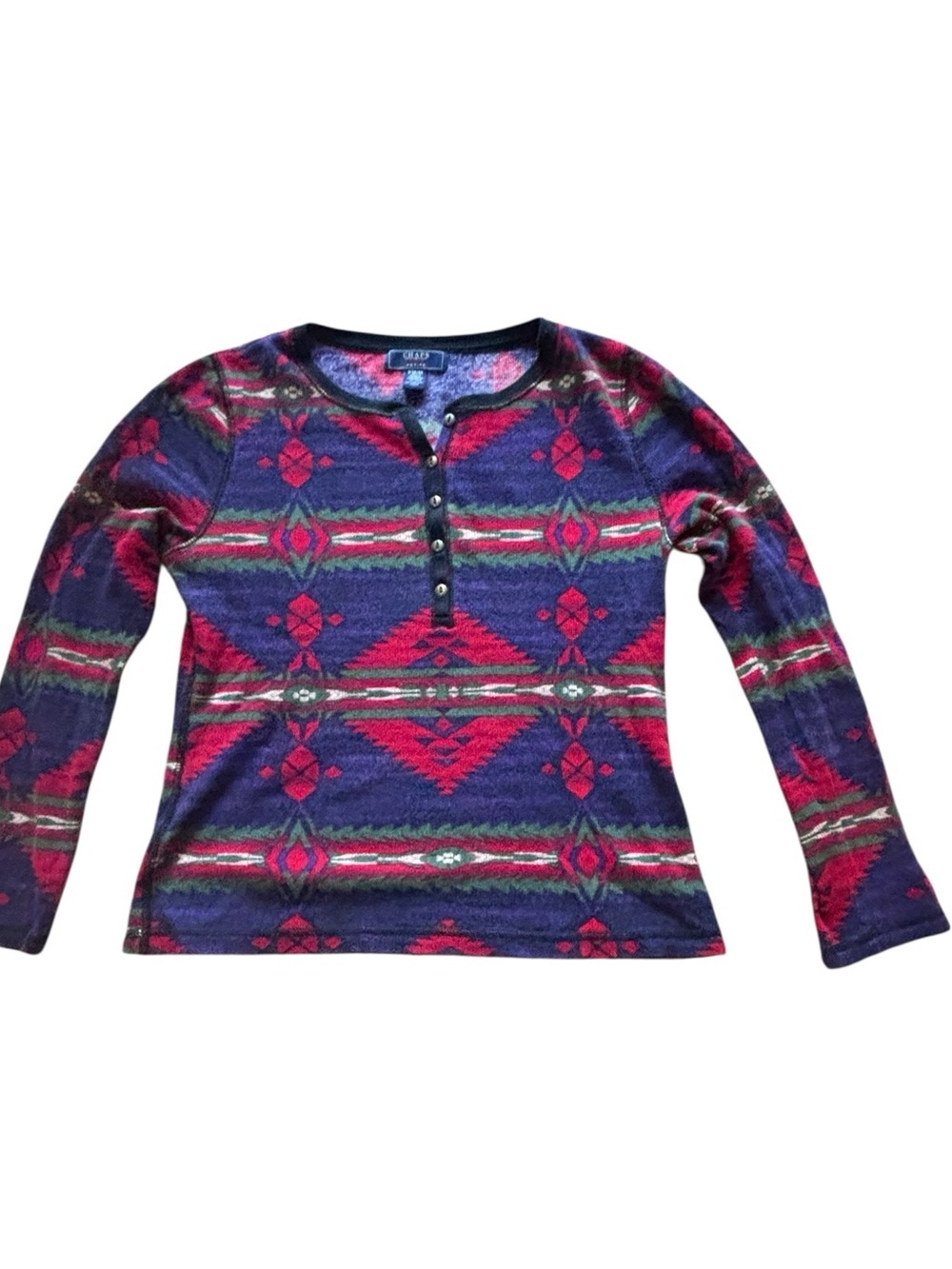 Chaps Southwestern Print Henley Sweater Top | Aztec Boho Fleece Pullover PM